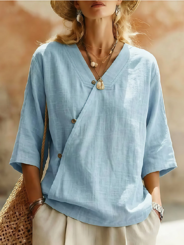 Marelia™ Asymmetrische Leinenbluse mit V Ausschnitt und Knopfdetails