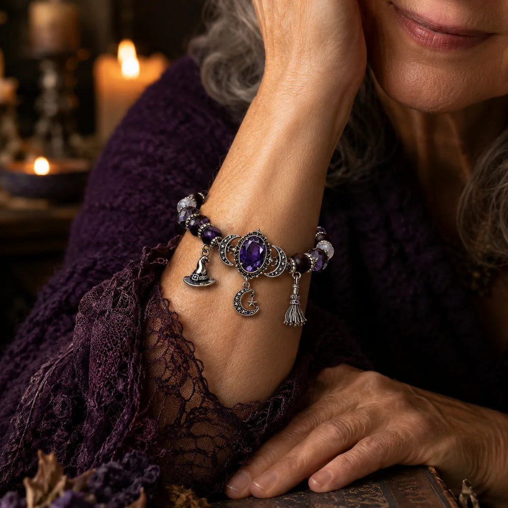 Mysteria™ Mystisches Armband mit violettem Kristall und Mond Anhängern