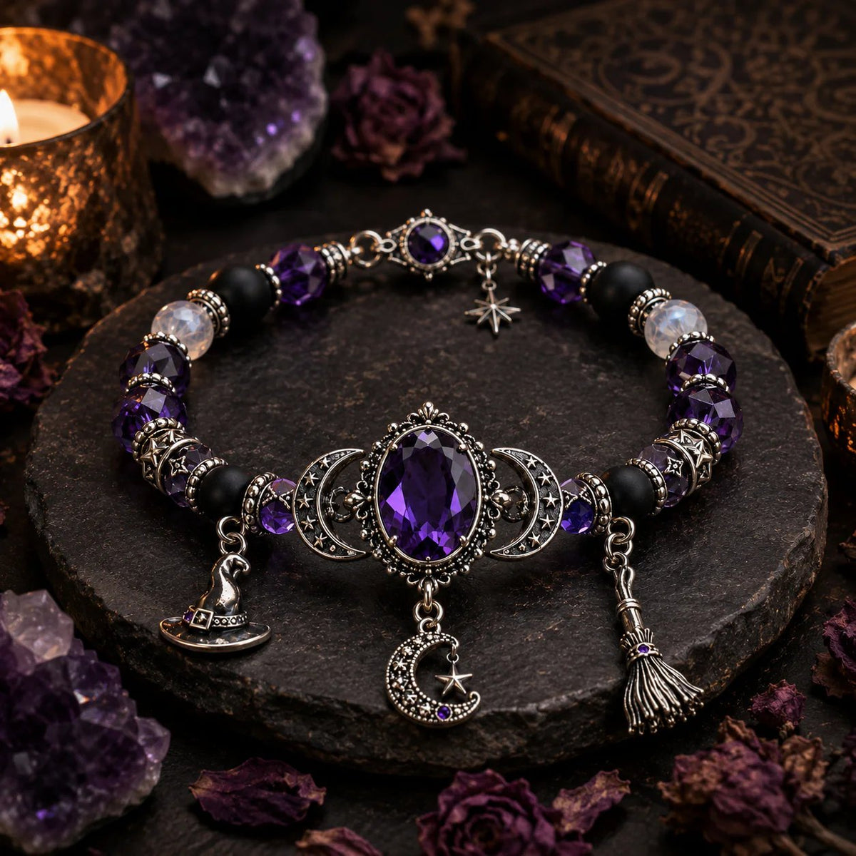 Mysteria™ Mystisches Armband mit violettem Kristall und Mond Anhängern