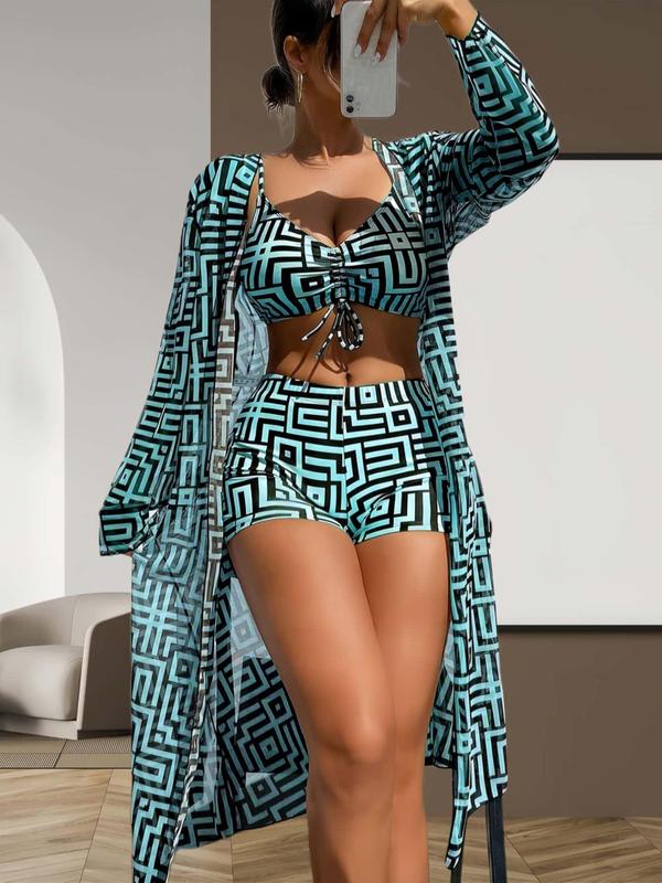 BeachLux™ 3-teiliges Badeanzug Set | Bikini mit Kimono Cover Up & Geometrischem Muster