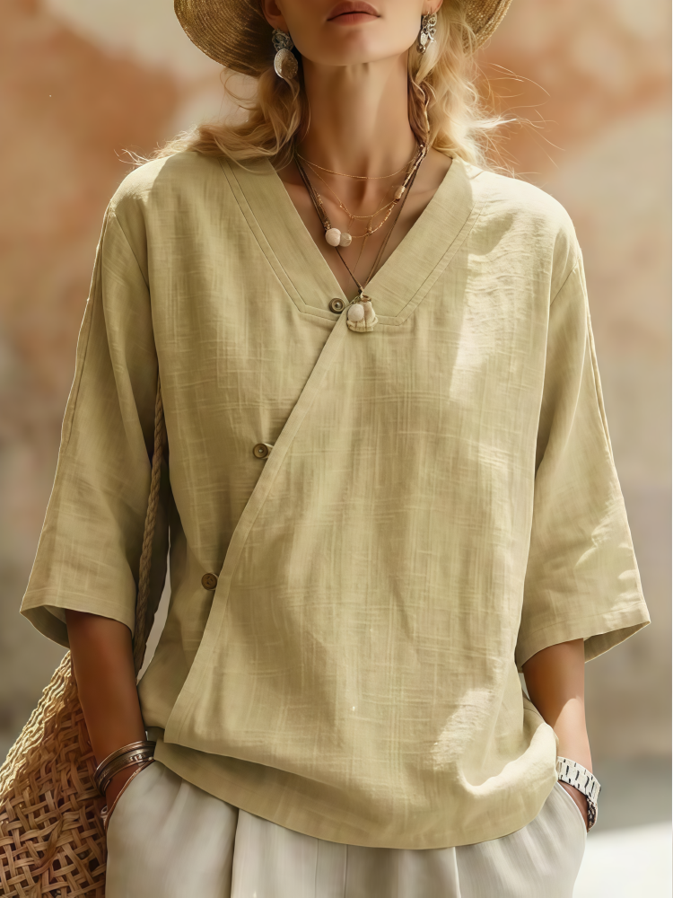 Marelia™ Asymmetrische Leinenbluse mit V Ausschnitt und Knopfdetails