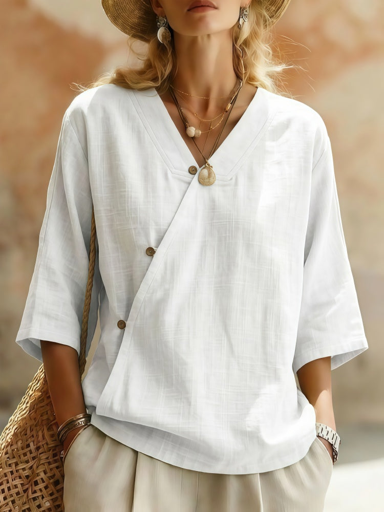 Marelia™ Asymmetrische Leinenbluse mit V Ausschnitt und Knopfdetails