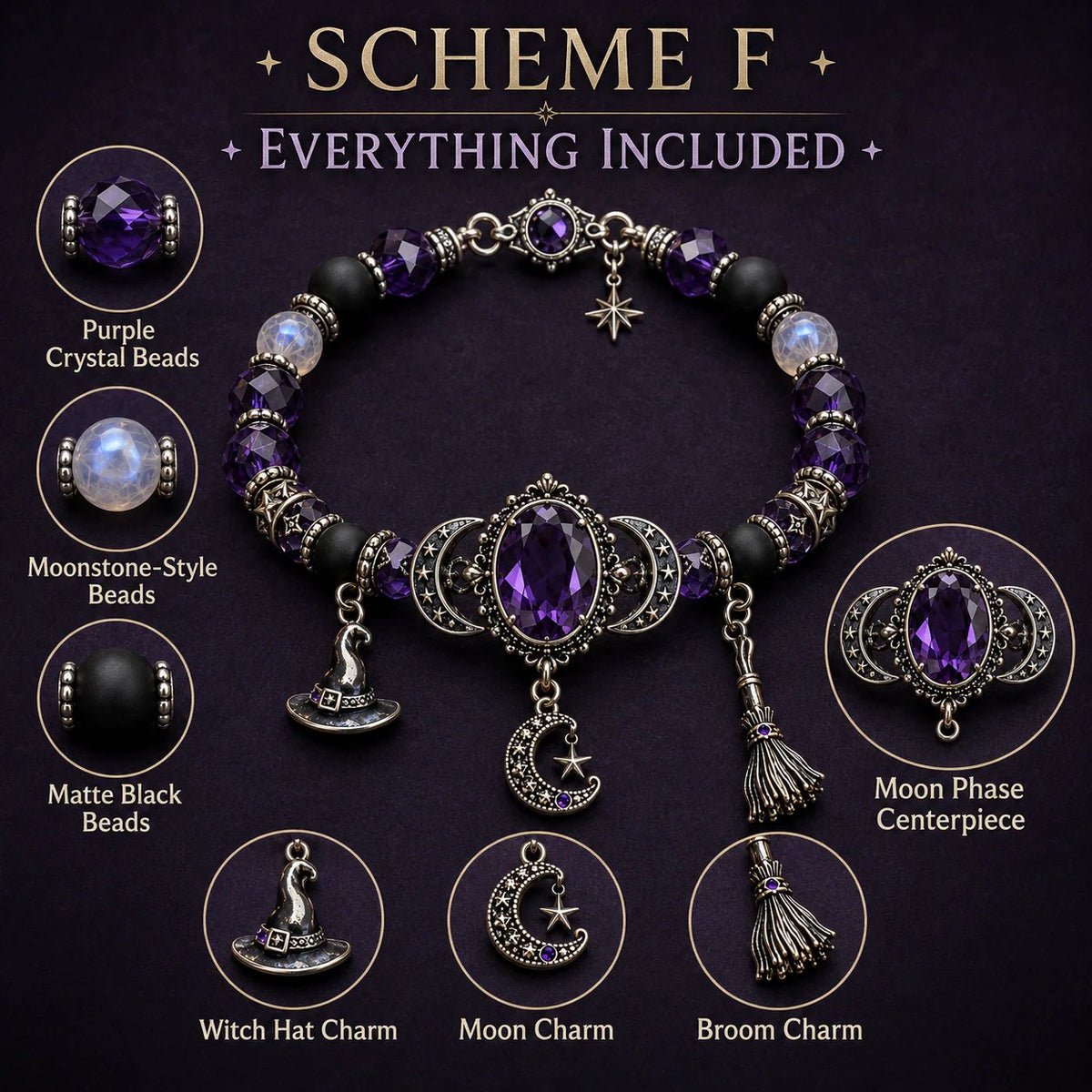 Mysteria™ Mystisches Armband mit violettem Kristall und Mond Anhängern