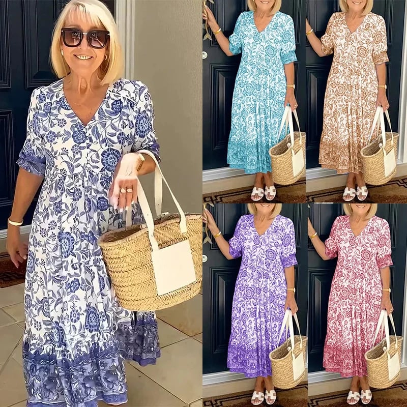 Floria™ Boho Maxikleid | Fließendes Sommerkleid mit V-Ausschnitt & Blumenprint