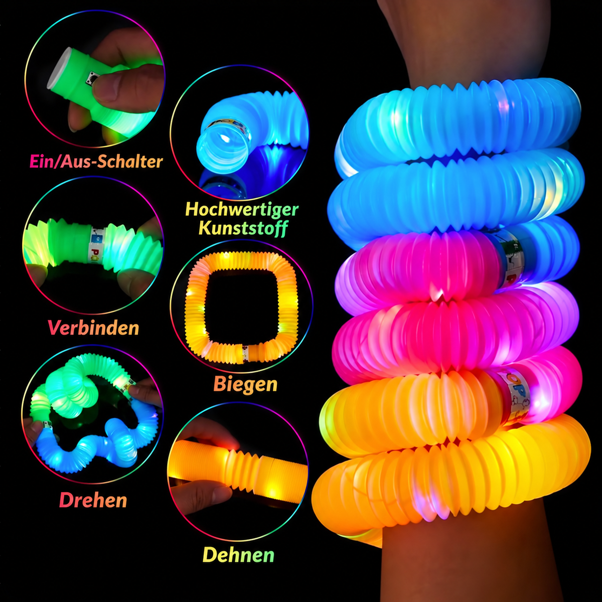 PopLumi™ Leuchtende Pop Tubes mit LED im 6er oder 12er Set