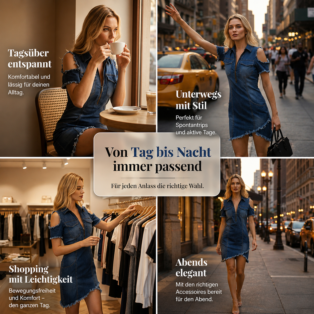 Alessina™ Damen Jeanskleid mit V Ausschnitt und freien Schultern