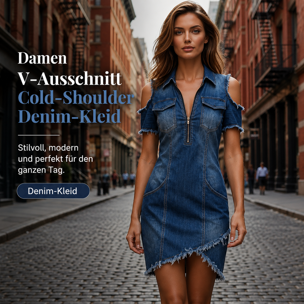 Alessina™ Damen Jeanskleid mit V Ausschnitt und freien Schultern