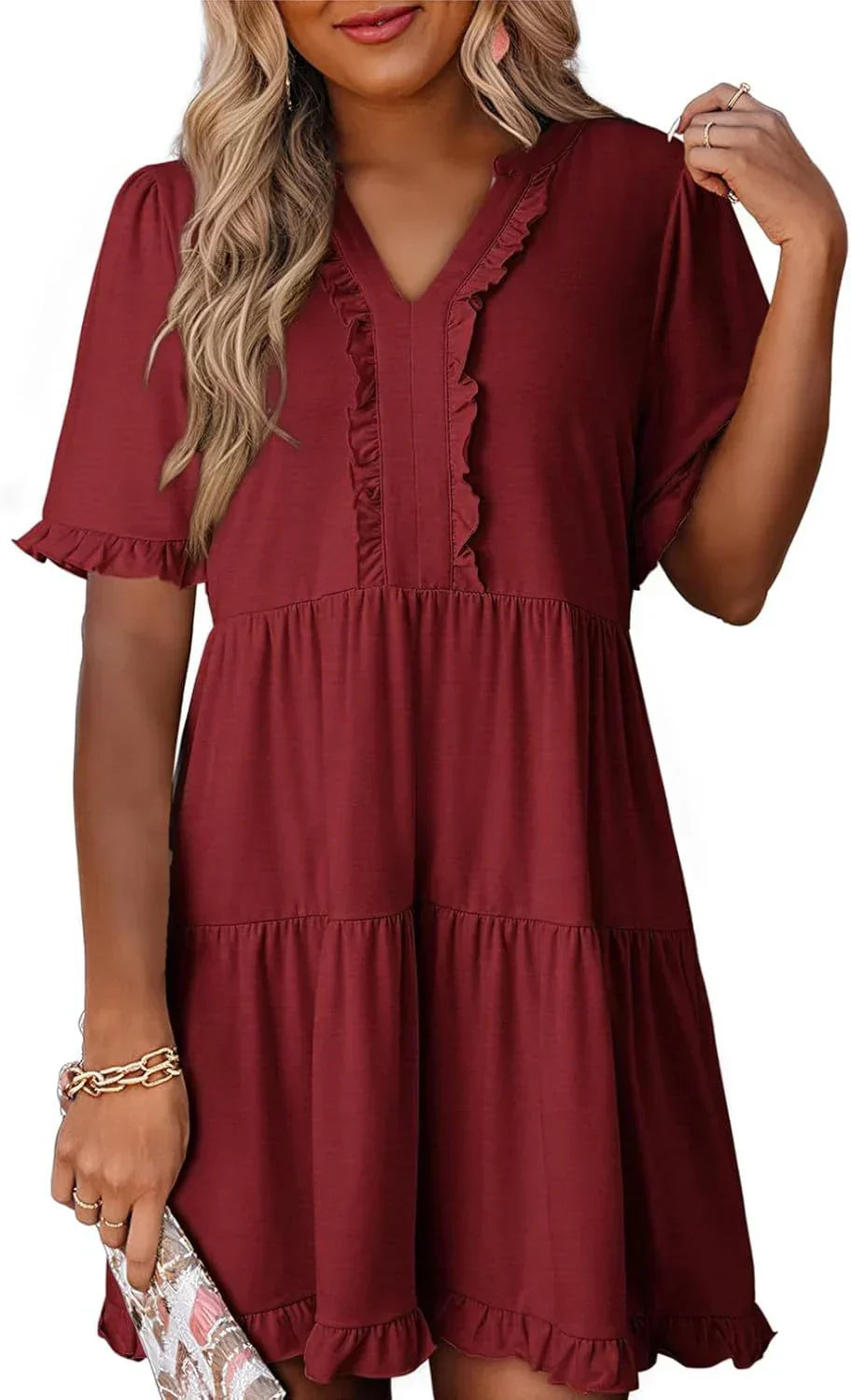 Frida™ Stufenkleid | Sommerkleid mit Rüschenbesatz & V-Ausschnitt in 13 Farben