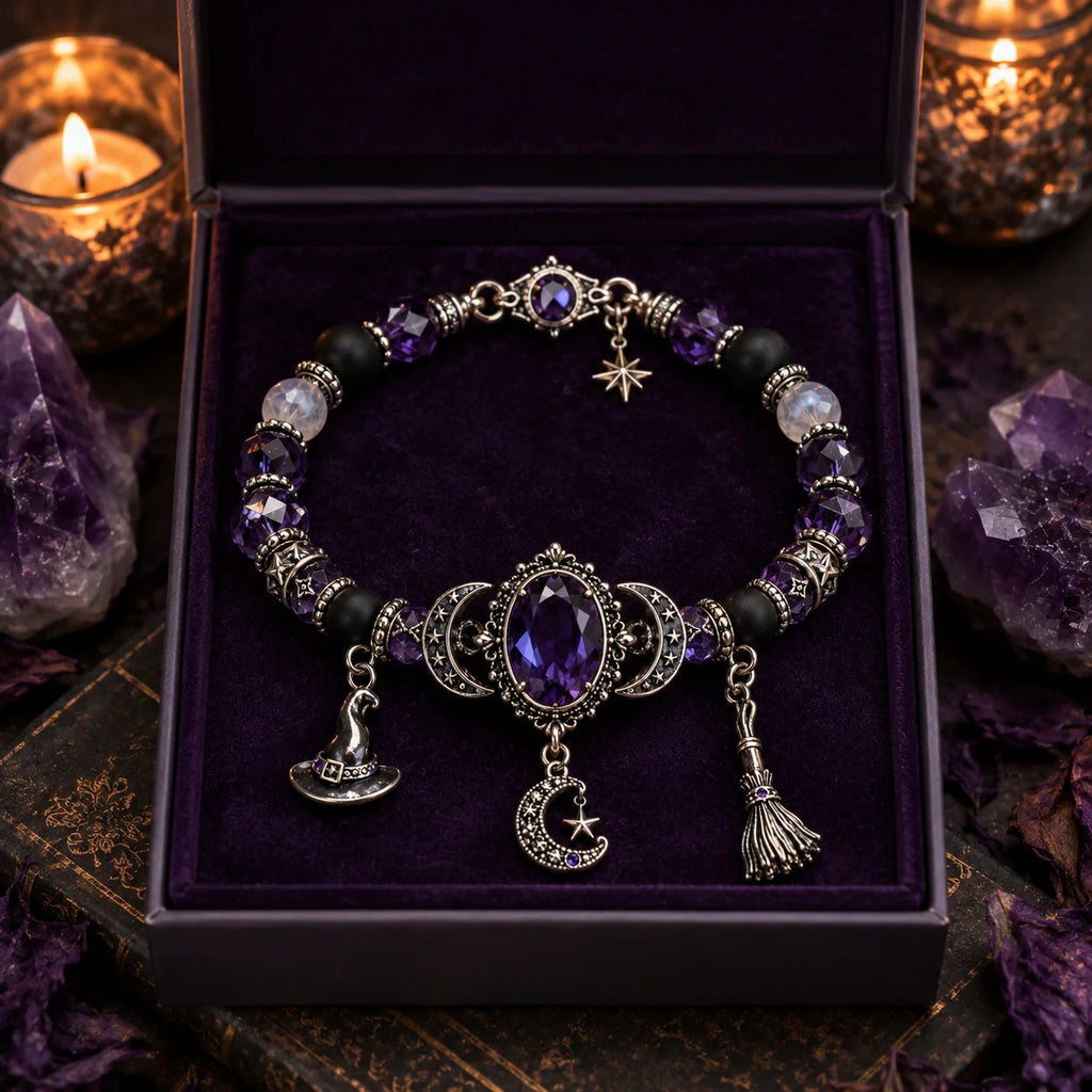 Mysteria™ Mystisches Armband mit violettem Kristall und Mond Anhängern