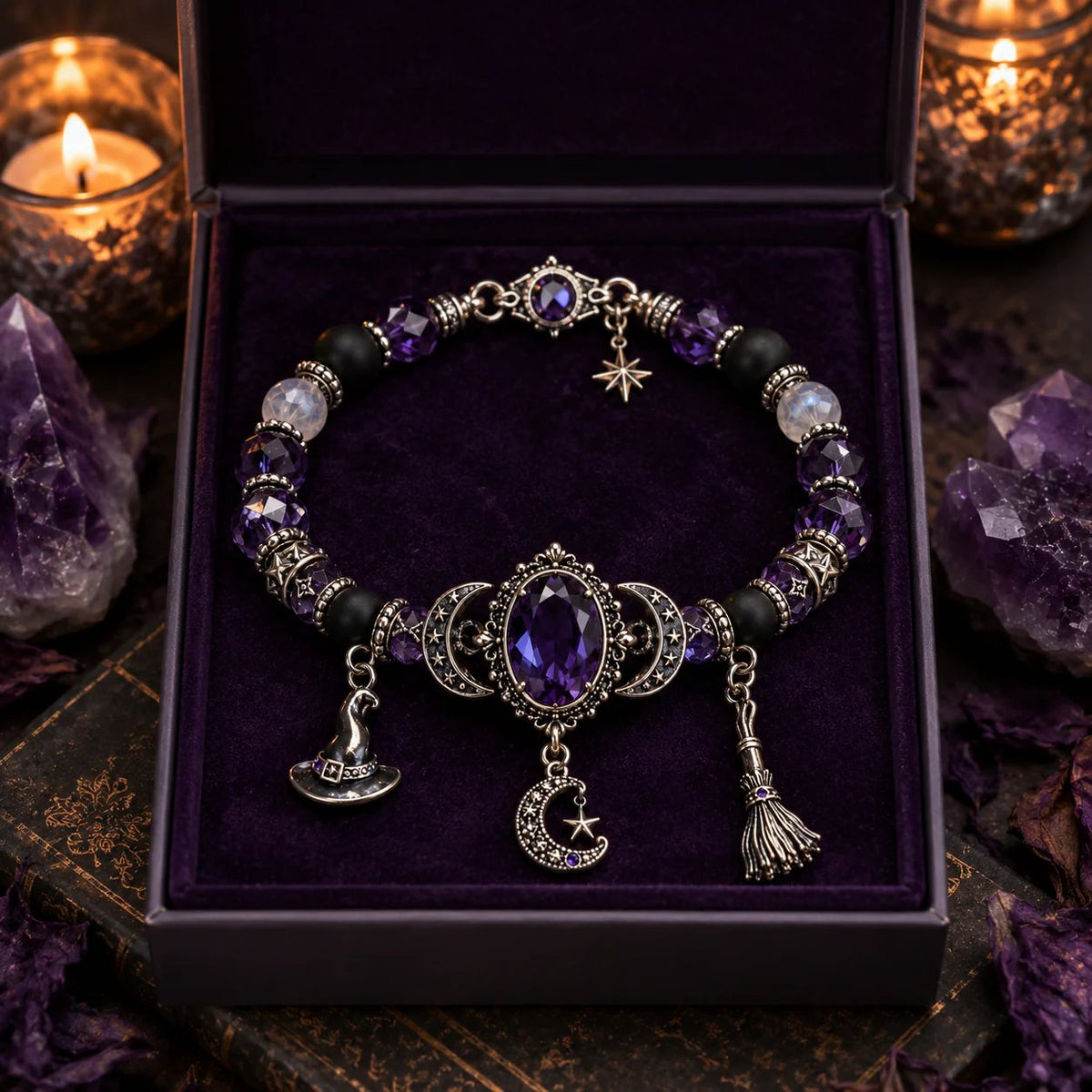 Mysteria™ Mystisches Armband mit violettem Kristall und Mond Anhängern