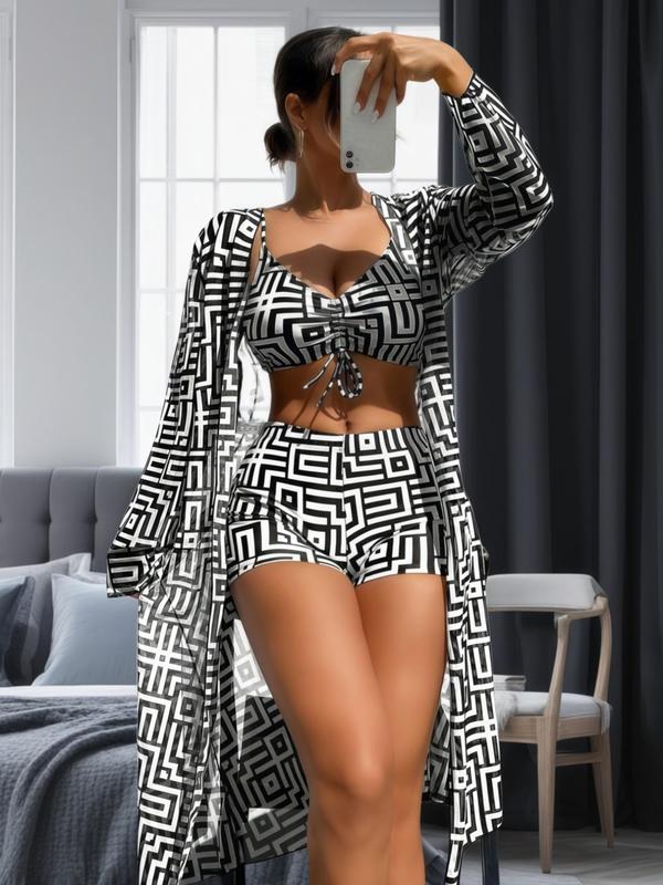 BeachLux™ 3-teiliges Badeanzug Set | Bikini mit Kimono Cover Up & Geometrischem Muster