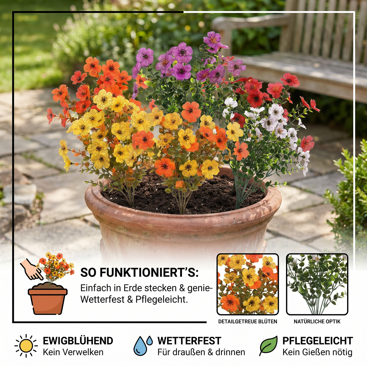 BloomForever™ Kunstblumenstrauß | Verblühende Wildblumen Deko für Pflanzkübel & Außenbereich