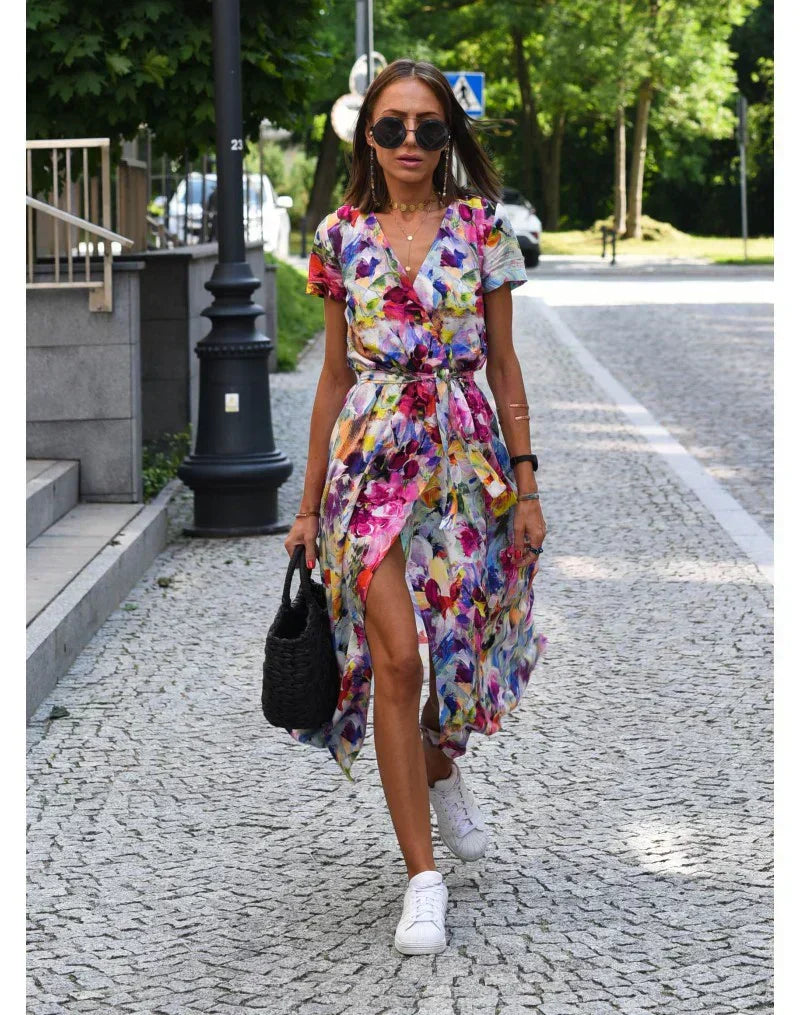 Isabella™ – Elegantes Blumen-Wickelkleid mit V-Ausschnitt & Taillengürtel