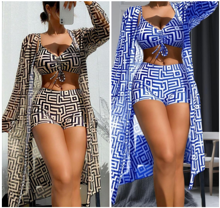 BeachLux™ 3-teiliges Badeanzug Set | Bikini mit Kimono Cover Up & Geometrischem Muster
