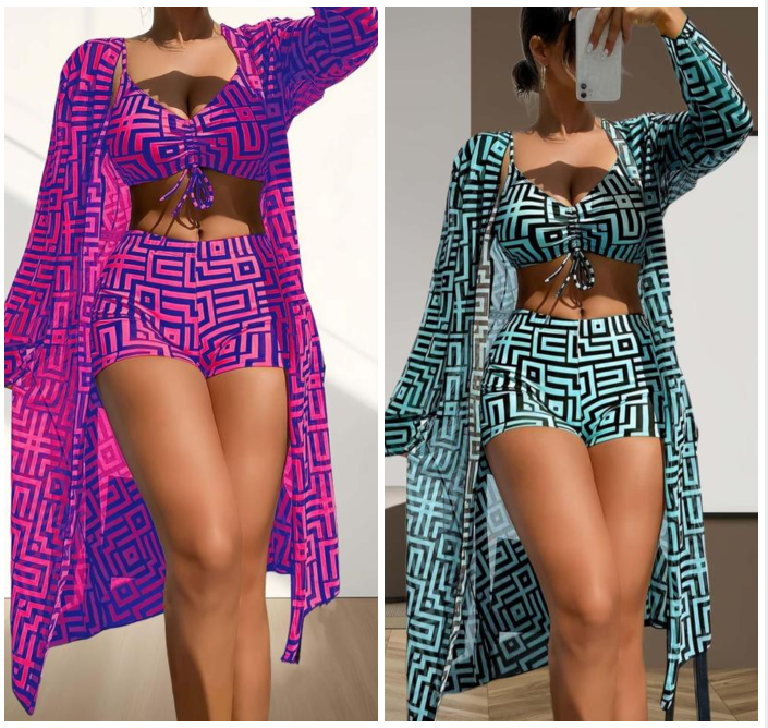 BeachLux™ 3-teiliges Badeanzug Set | Bikini mit Kimono Cover Up & Geometrischem Muster