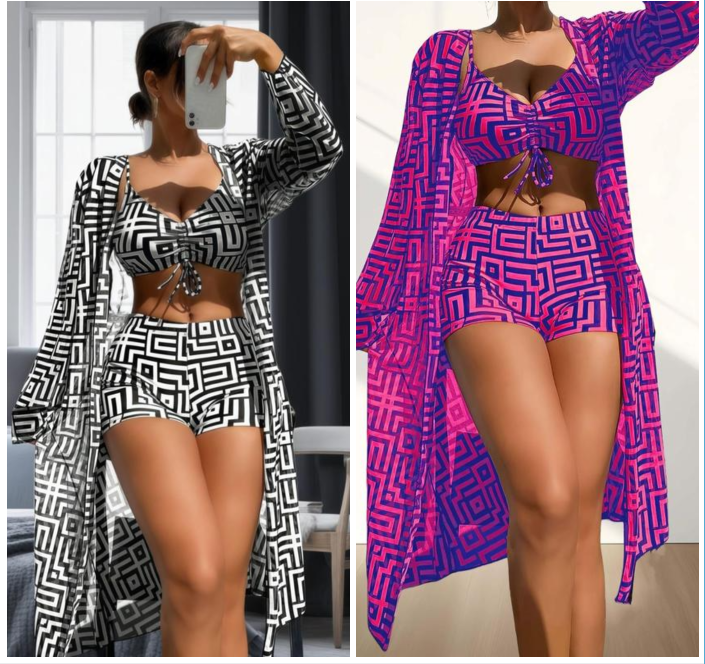 BeachLux™ 3-teiliges Badeanzug Set | Bikini mit Kimono Cover Up & Geometrischem Muster