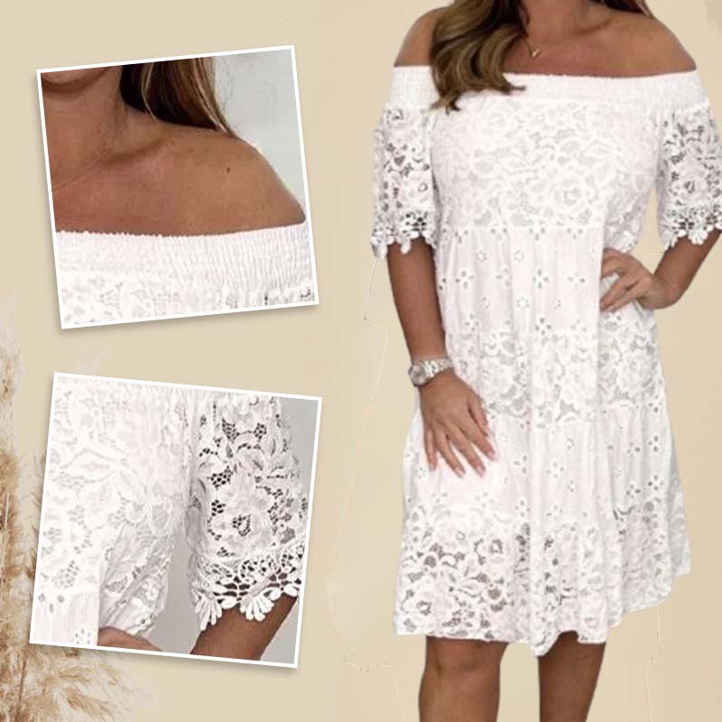 Floravie™ Schulterfreies Spitzenkleid mit ausgestelltem Rock und halblangen Ärmeln