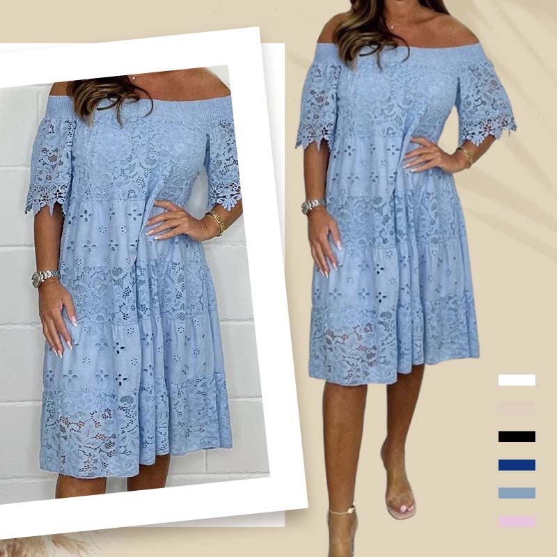 Floravie™ Schulterfreies Spitzenkleid mit ausgestelltem Rock und halblangen Ärmeln