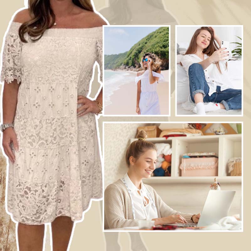 Floravie™ Schulterfreies Spitzenkleid mit ausgestelltem Rock und halblangen Ärmeln