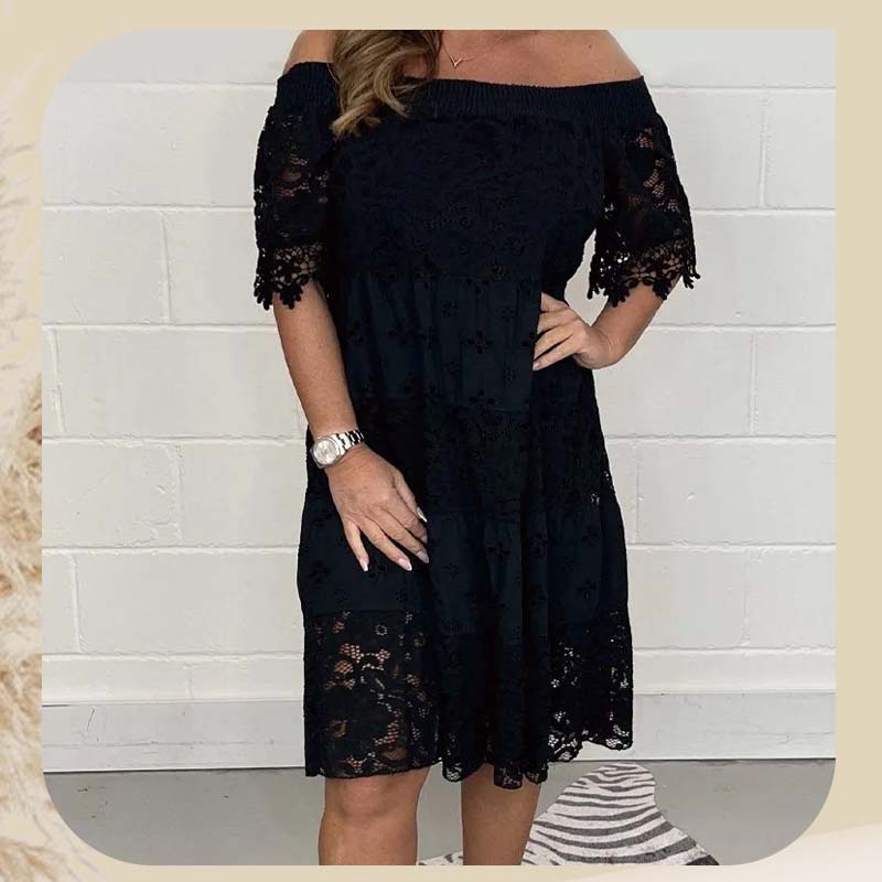 Floravie™ Schulterfreies Spitzenkleid mit ausgestelltem Rock und halblangen Ärmeln