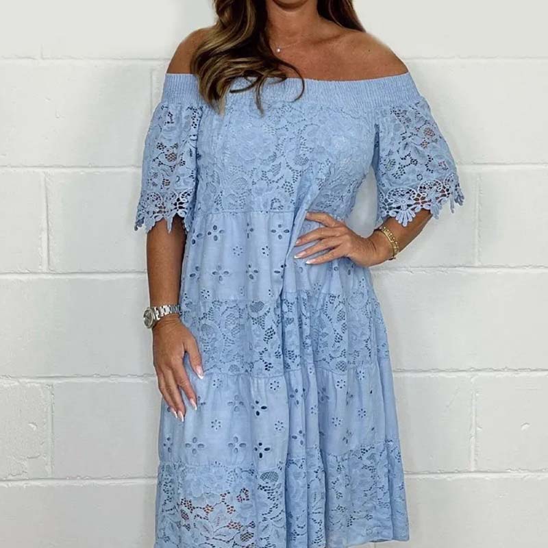Floravie™ Schulterfreies Spitzenkleid mit ausgestelltem Rock und halblangen Ärmeln