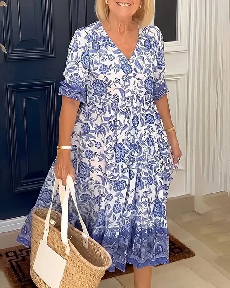 Floria™ Boho Maxikleid | Fließendes Sommerkleid mit V-Ausschnitt & Blumenprint