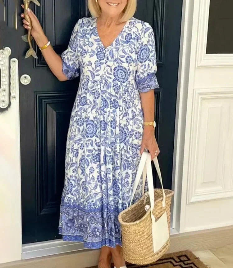Floria™ Boho Maxikleid | Fließendes Sommerkleid mit V-Ausschnitt & Blumenprint