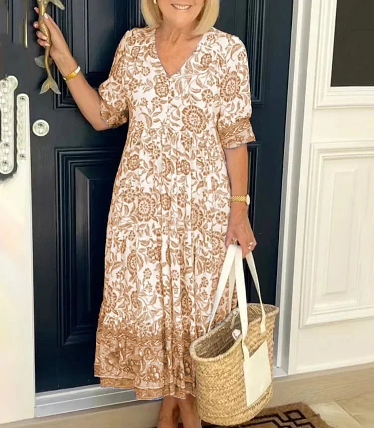 Floria™ Boho Maxikleid | Fließendes Sommerkleid mit V-Ausschnitt & Blumenprint