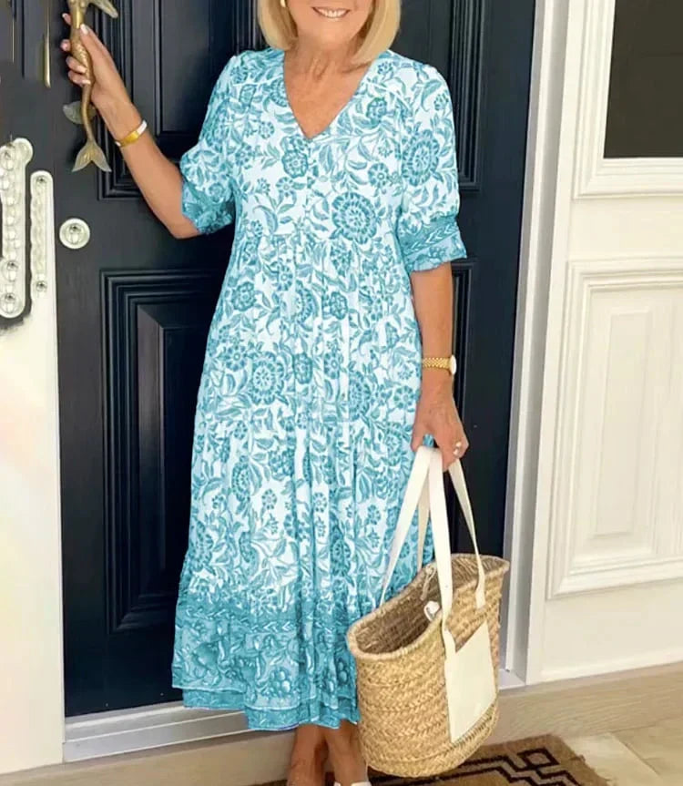 Floria™ Boho Maxikleid | Fließendes Sommerkleid mit V-Ausschnitt & Blumenprint