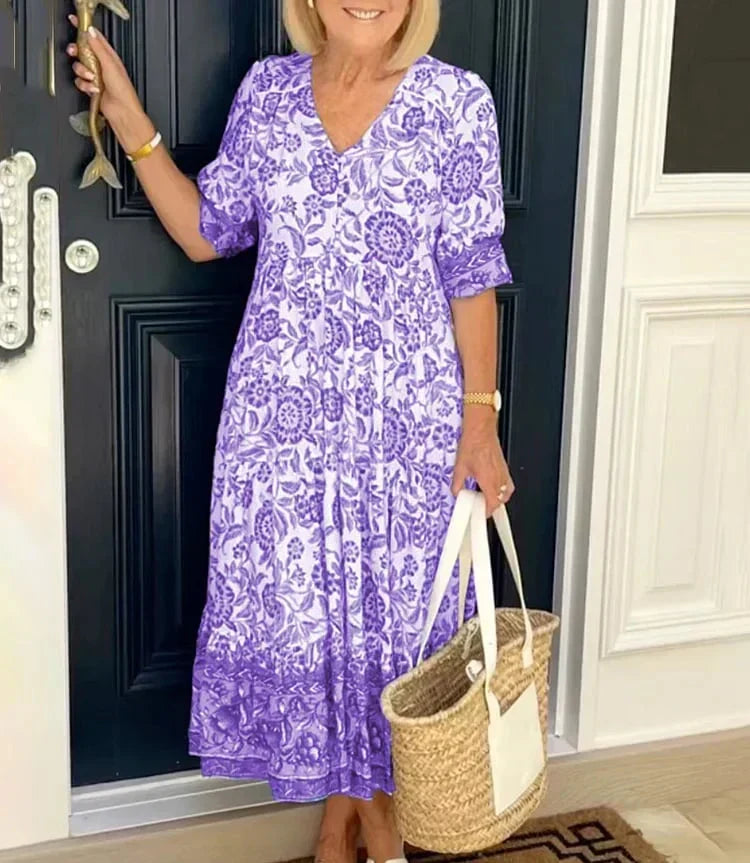Floria™ Boho Maxikleid | Fließendes Sommerkleid mit V-Ausschnitt & Blumenprint