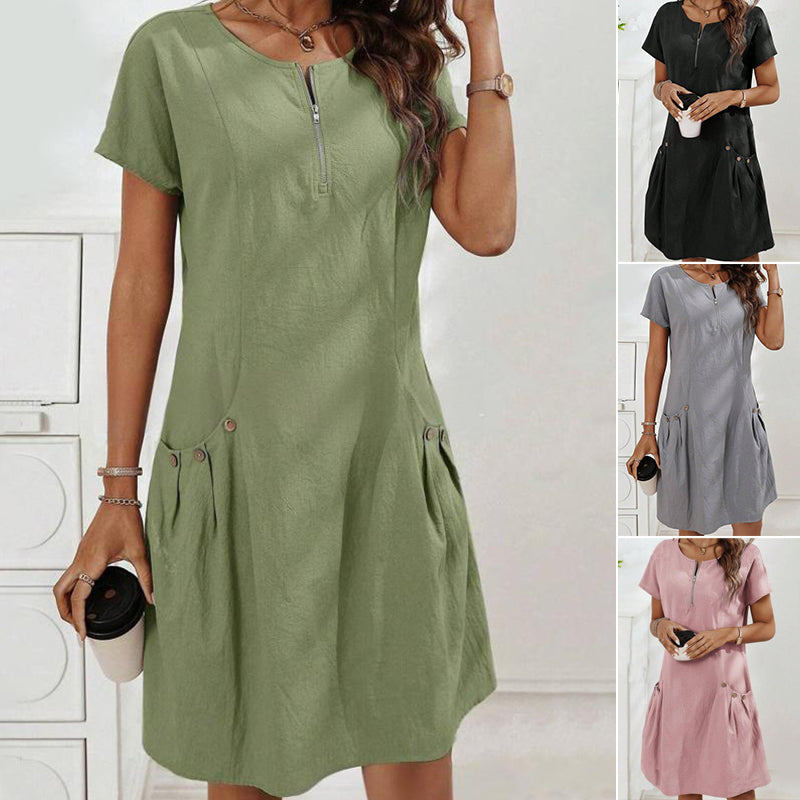 Nora™ Sommerkleid | Lässiges Midi Kleid mit Halbzipper & Taschen