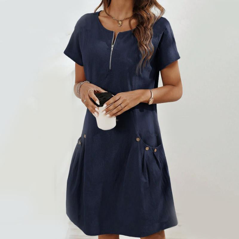 Nora™ Sommerkleid | Lässiges Midi Kleid mit Halbzipper & Taschen