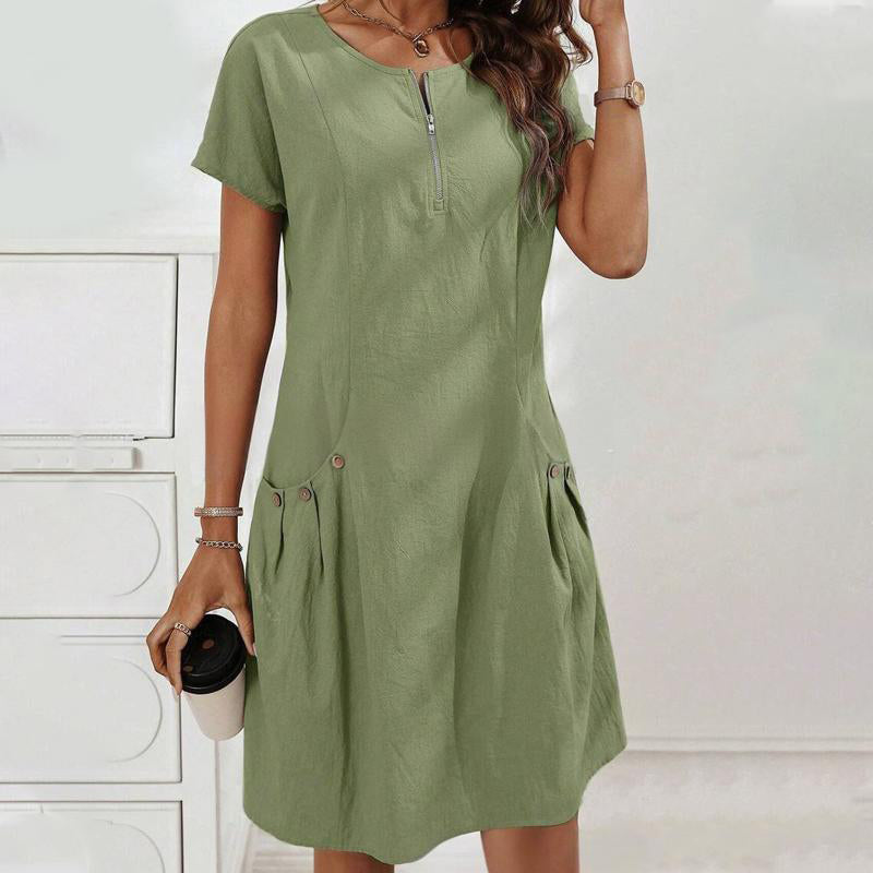 Nora™ Sommerkleid | Lässiges Midi Kleid mit Halbzipper & Taschen