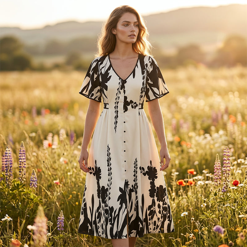 Elavina™ Elegantes Midikleid mit V Ausschnitt und botanischem Print