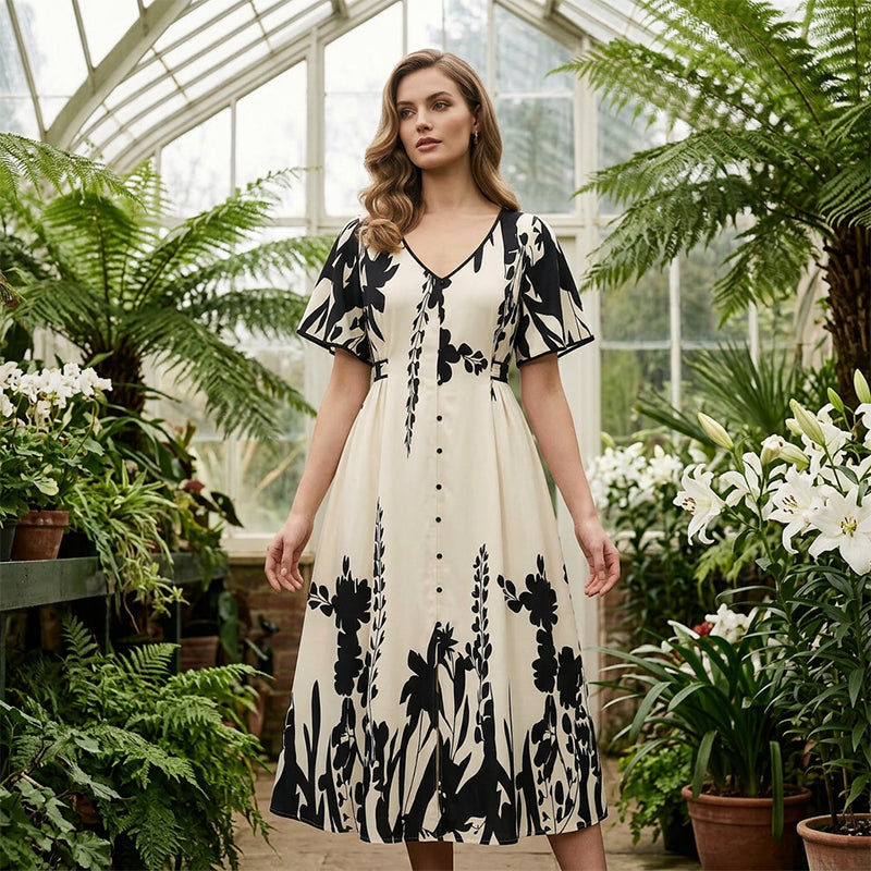 Elavina™ Elegantes Midikleid mit V Ausschnitt und botanischem Print