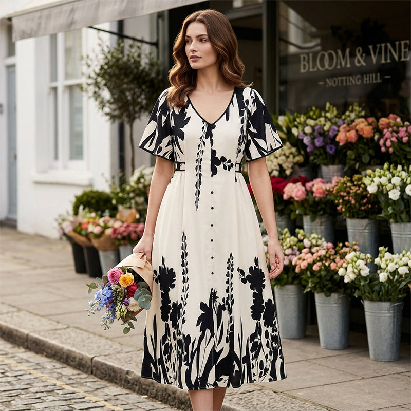 Elavina™ Elegantes Midikleid mit V Ausschnitt und botanischem Print