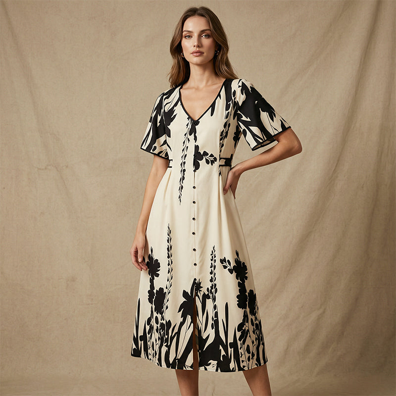 Elavina™ Elegantes Midikleid mit V Ausschnitt und botanischem Print