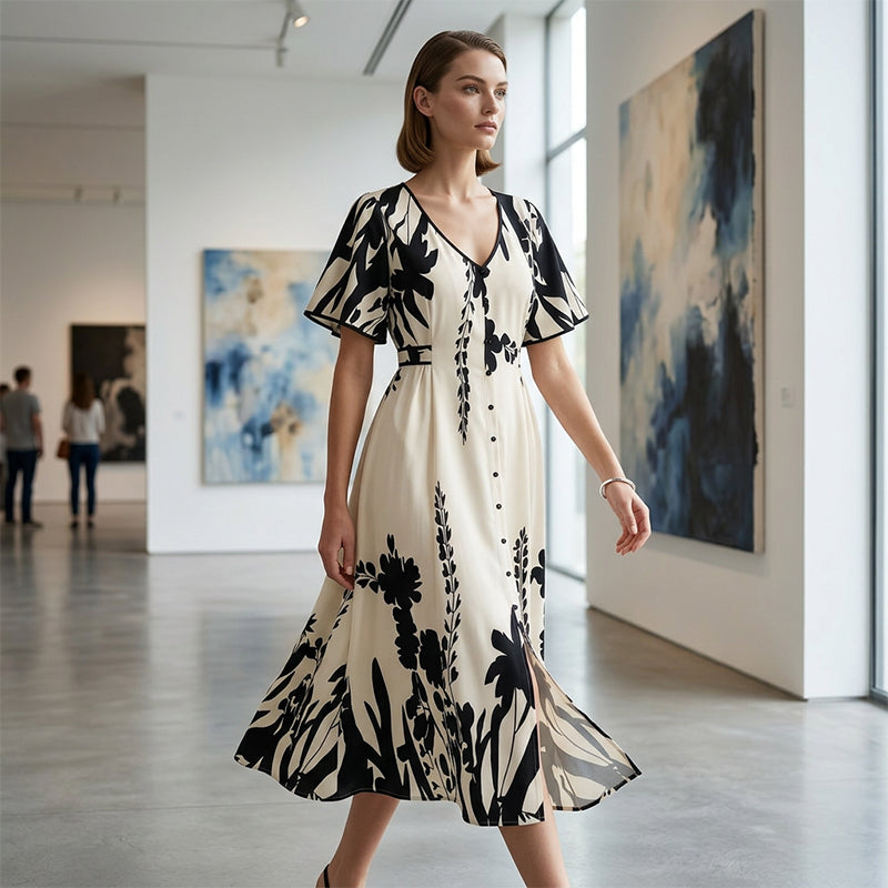Elavina™ Elegantes Midikleid mit V Ausschnitt und botanischem Print