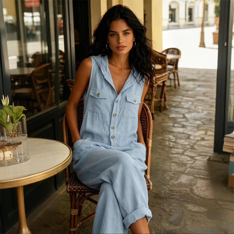 Mavina™ Ärmelloser Damen Jumpsuit mit Kapuze und weitem Bein