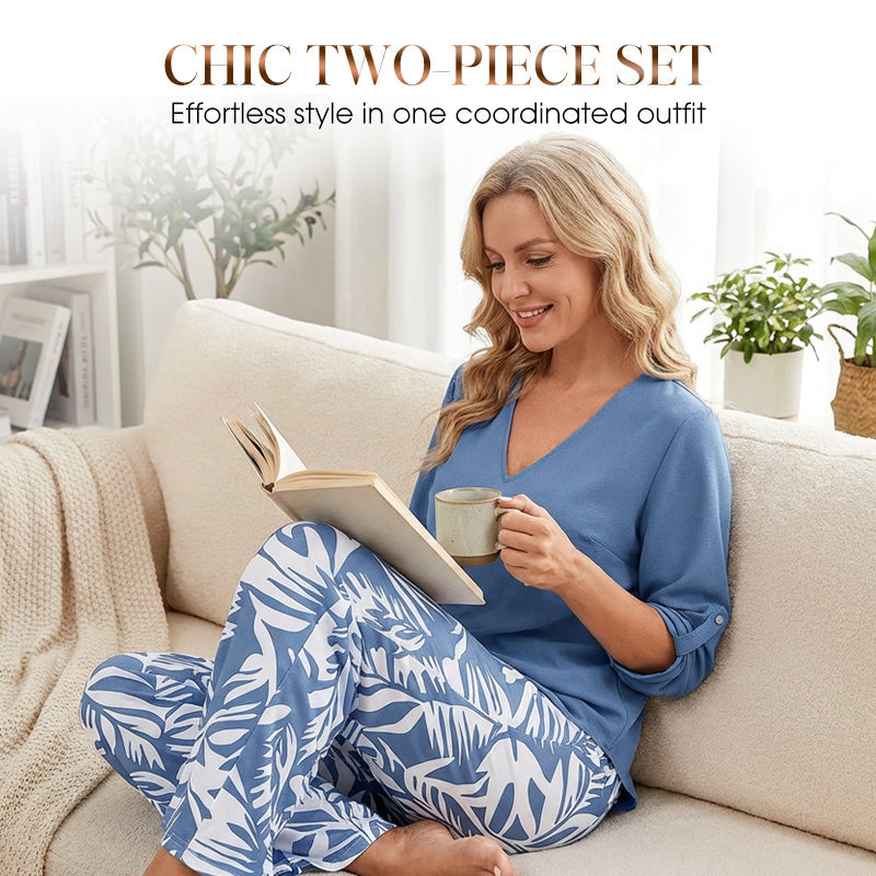Liora™ Zweiteiliges Damen-Set mit V-Ausschnitt und weiter Print-Hose