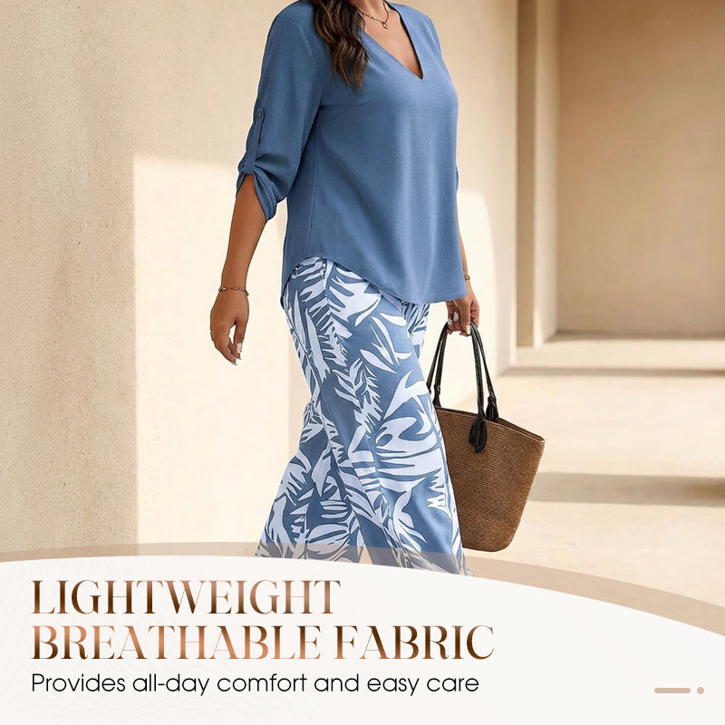 Liora™ Zweiteiliges Damen-Set mit V-Ausschnitt und weiter Print-Hose