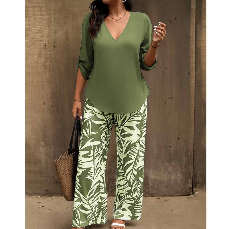 Liora™ Zweiteiliges Damen-Set mit V-Ausschnitt und weiter Print-Hose