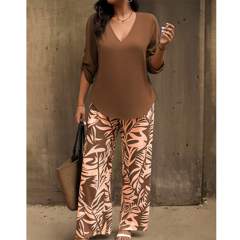 Liora™ Zweiteiliges Damen-Set mit V-Ausschnitt und weiter Print-Hose