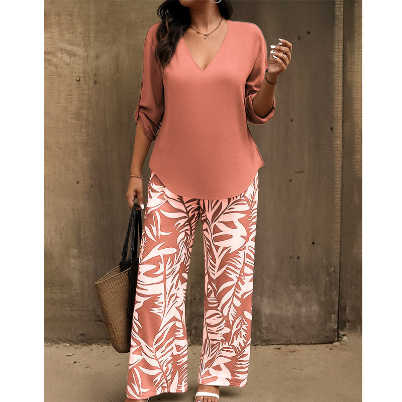 Liora™ Zweiteiliges Damen-Set mit V-Ausschnitt und weiter Print-Hose