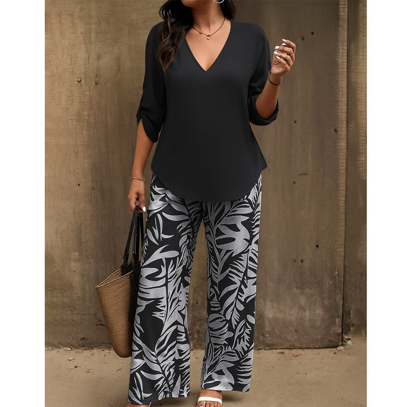 Liora™ Zweiteiliges Damen-Set mit V-Ausschnitt und weiter Print-Hose