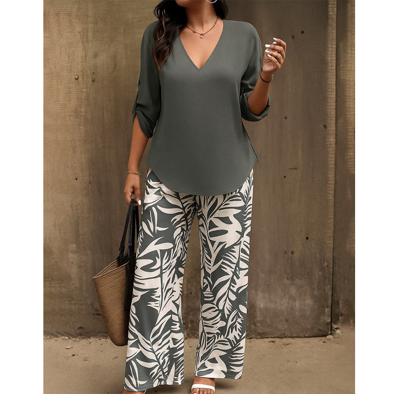 Liora™ Zweiteiliges Damen-Set mit V-Ausschnitt und weiter Print-Hose
