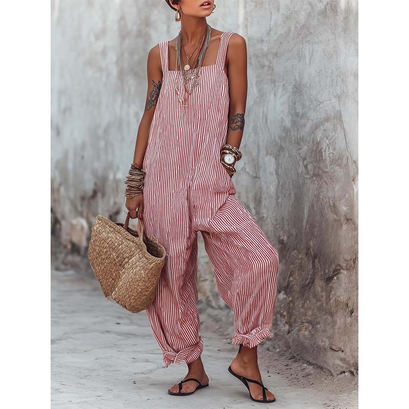 StripeFlow™ Gestreifter Overall | Lässiger Spaghetti Träger Jumpsuit mit Ankle Ties