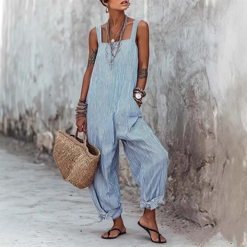 StripeFlow™ Gestreifter Overall | Lässiger Spaghetti Träger Jumpsuit mit Ankle Ties