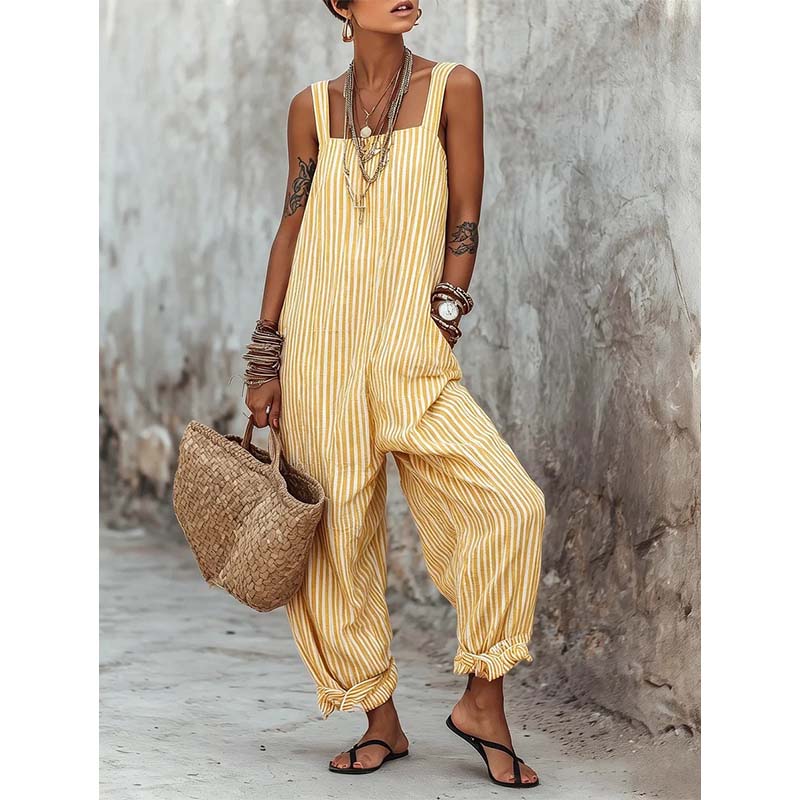 StripeFlow™ Gestreifter Overall | Lässiger Spaghetti Träger Jumpsuit mit Ankle Ties