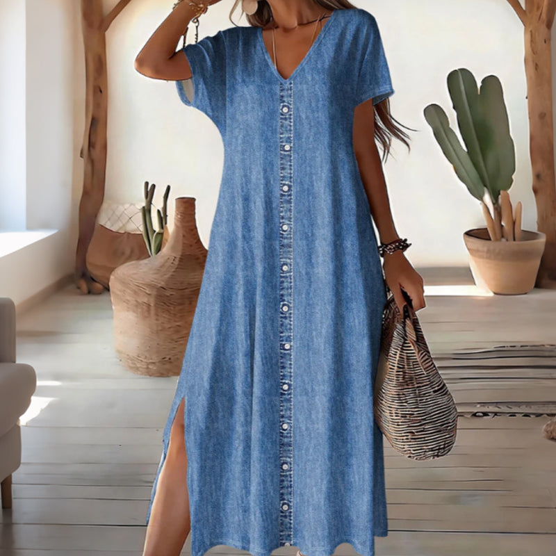 Almira™ Luftiges Denim Maxikleid mit V Ausschnitt und Knopfleiste